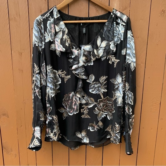 White House Black Market | NWT Size Medium Blk Dynasty Floral Silk Raglan Blouse - Picture 9 of 16